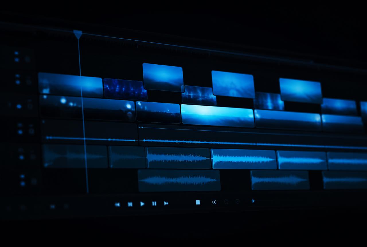 Abstract representation of a video editing timeline with clips and audio waveforms