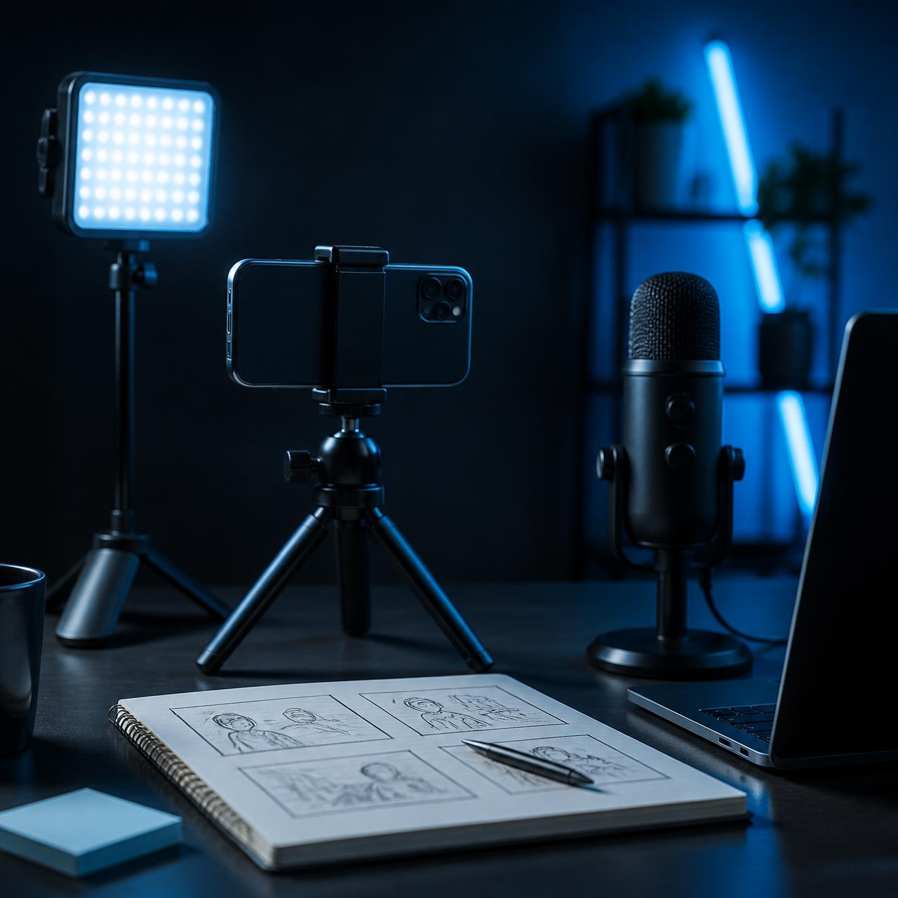 Creator workspace with a smartphone on a tripod, LED light panel, microphone and storyboard notebook