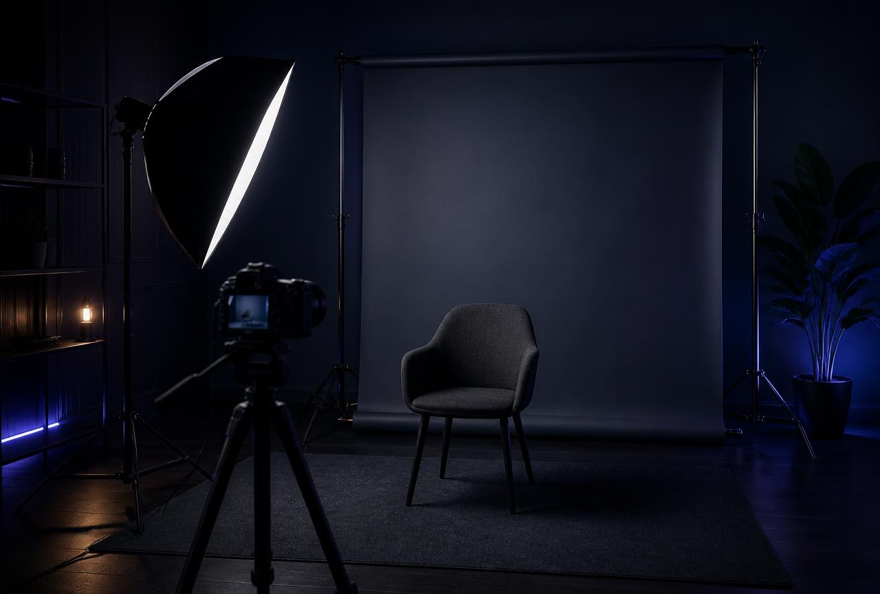 Simple home filming setup with a softbox light, camera on a tripod and a clean backdrop